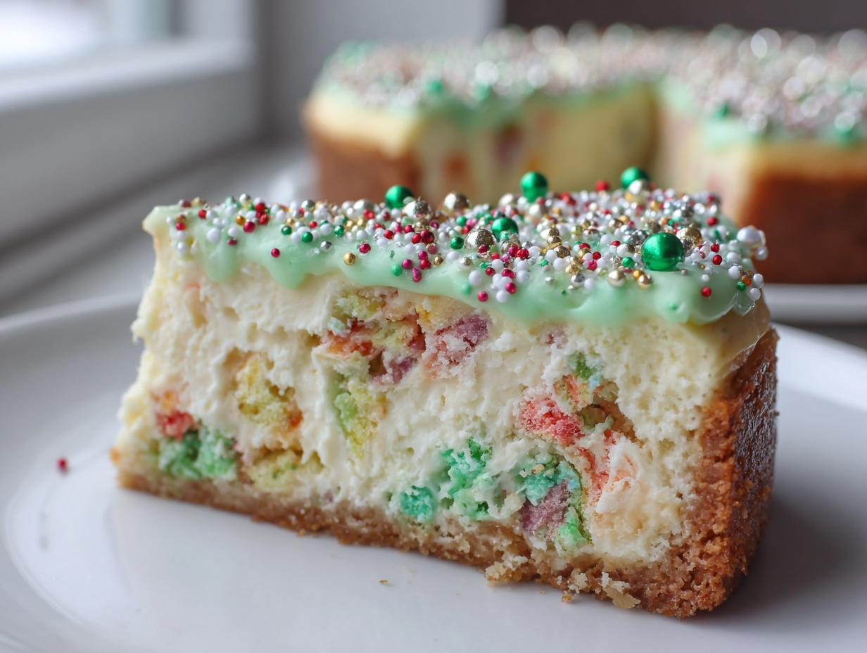 Close-up of a slice of Christmas tree cheesecake featuring colorful cake pieces inside and green frosting with festive sprinkles on top.