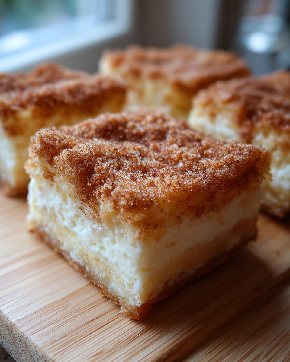 A square slice of creamy churro cheesecake topped generously with cinnamon sugar, resting on a wooden board.