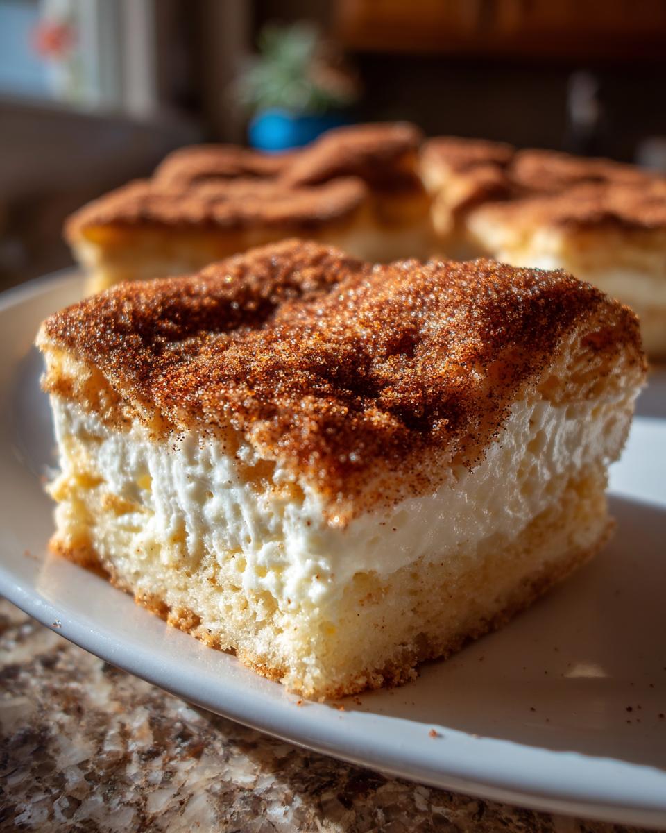 Close-up of a square slice of churro cheesecake showing a cake base, thick cream cheese layer, and heavy cinnamon-sugar topping.
