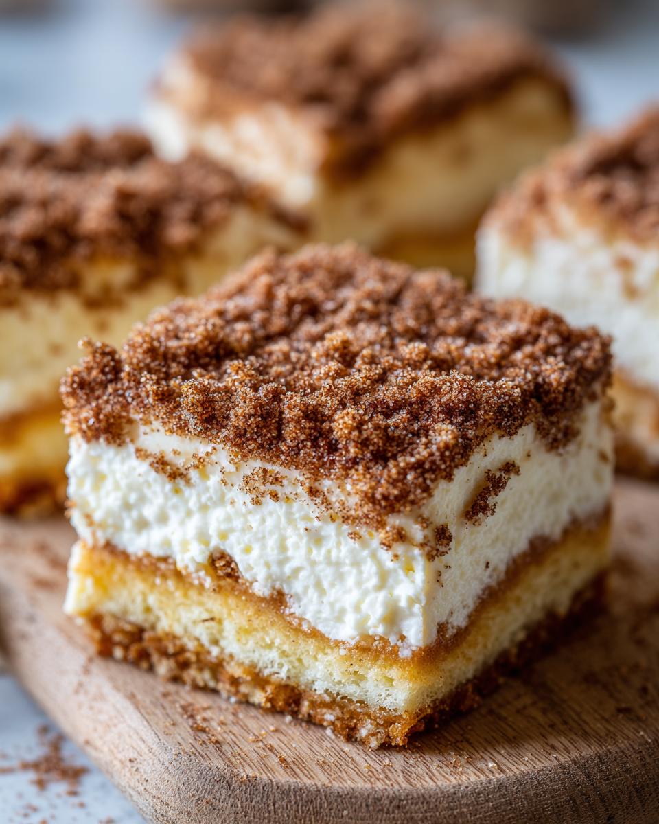 A thick slice of churro cheesecake with a creamy white layer and a cinnamon-sugar crumble topping.