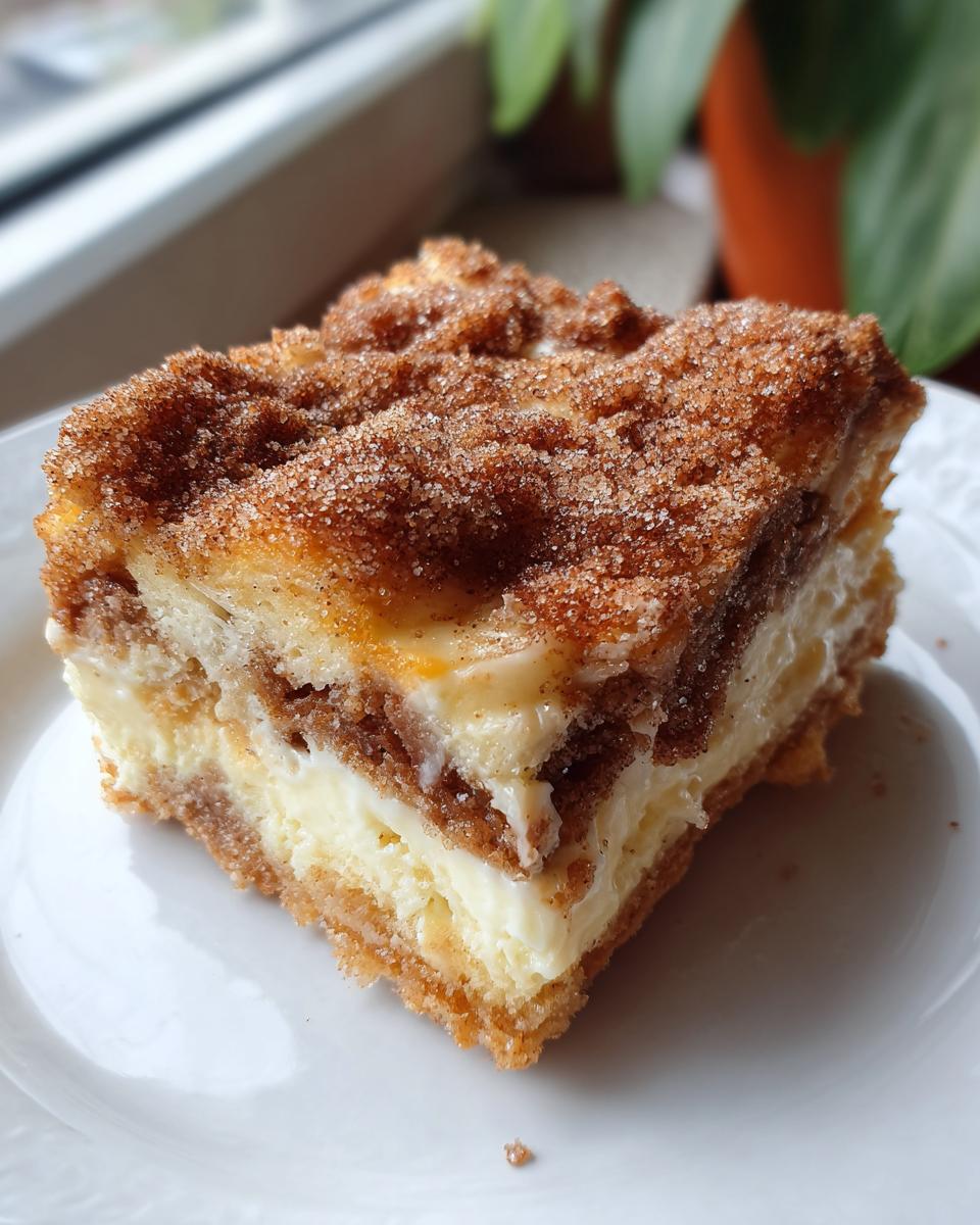 Close-up of a decadent slice of churro cheesecake featuring creamy layers and a thick cinnamon sugar topping.