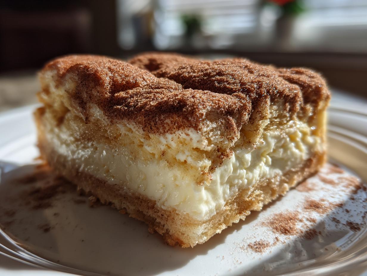 A close-up slice of creamy churro cheesecake topped generously with cinnamon sugar.