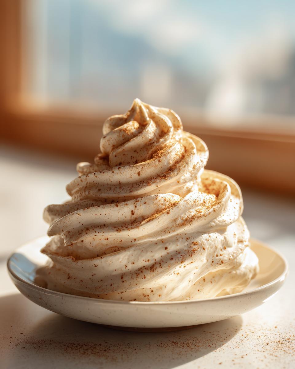 A tall, perfectly piped swirl of creamy cinnamon butter dusted with spice on a small white plate.