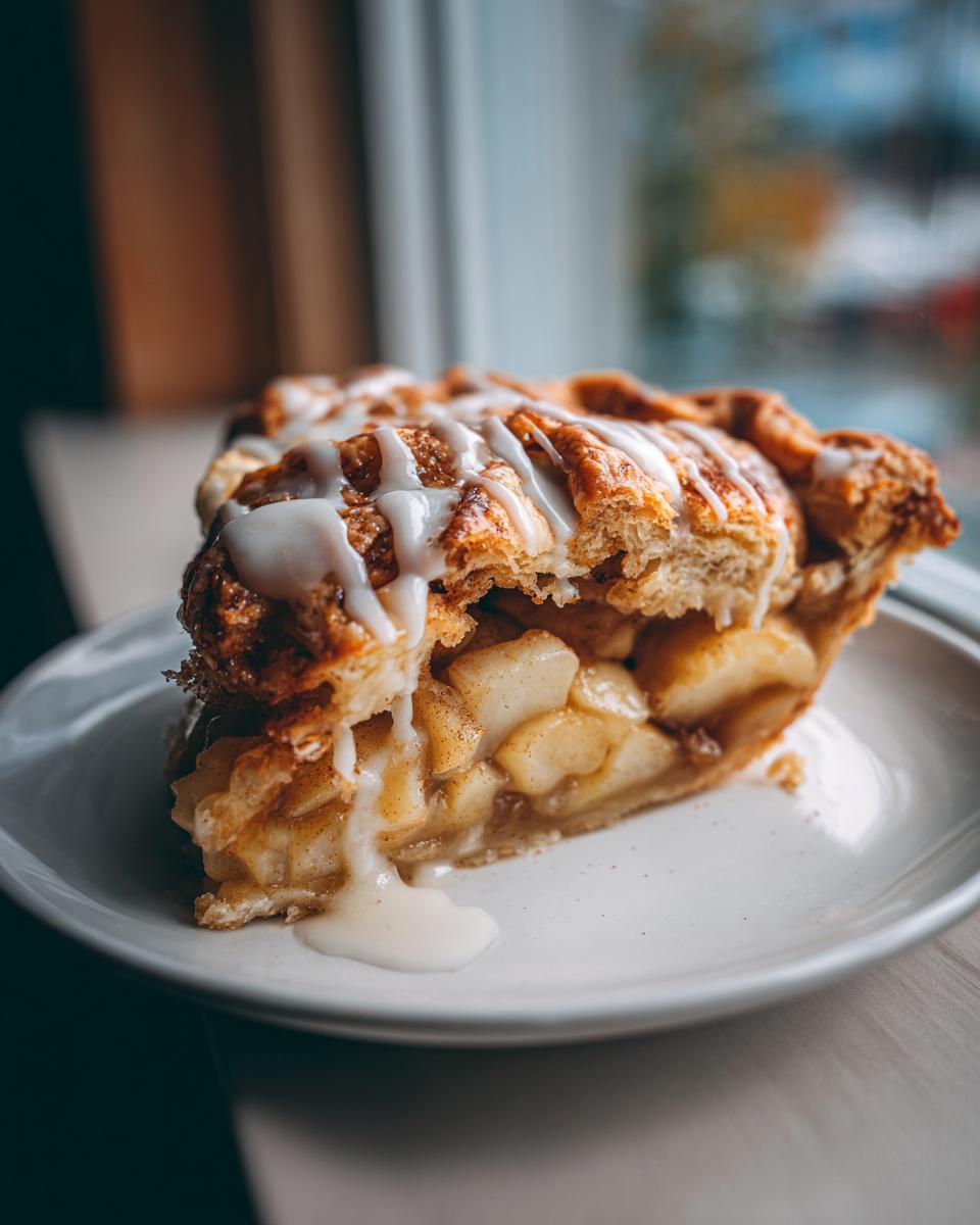 A close-up of a slice of cinnamon roll apple pie showing filling and white icing dripping onto the plate.