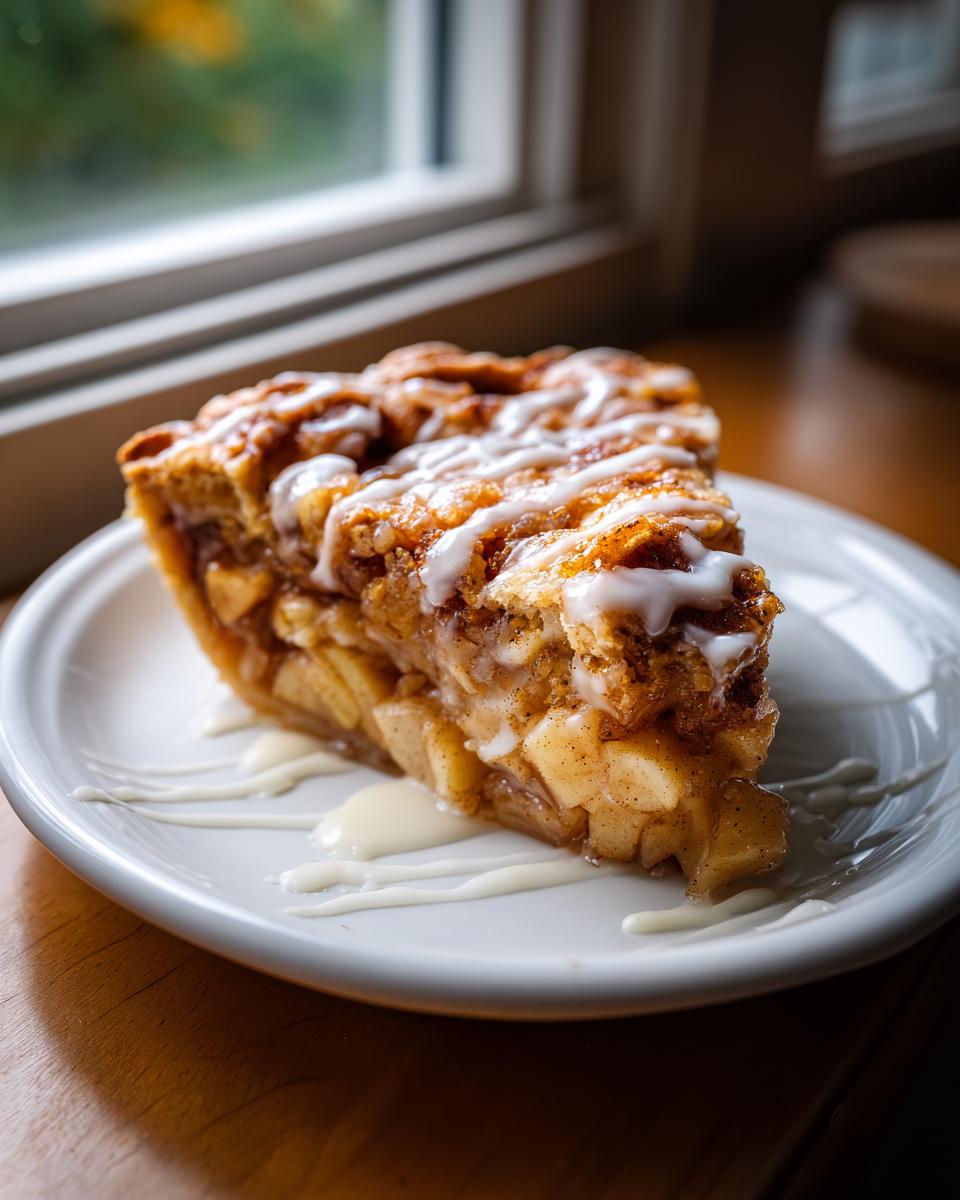 A close-up of a slice of cinnamon roll apple pie topped with sweet white icing, served on a white plate.