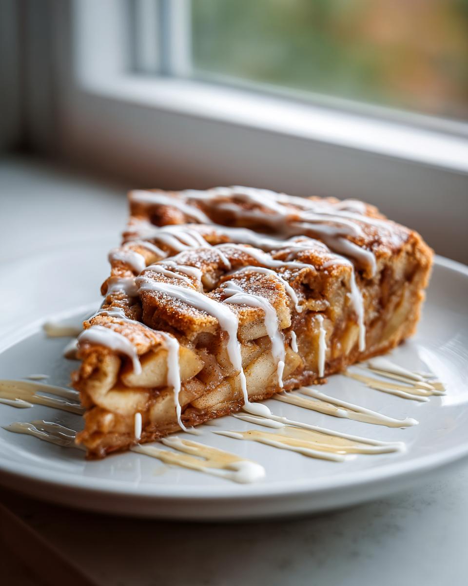 A close-up of a slice of cinnamon roll apple pie, topped with white icing drizzle and served on a white plate.