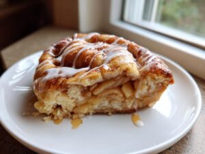 A single serving of cinnamon roll apple pie, drizzled with white icing, sitting on a white plate.