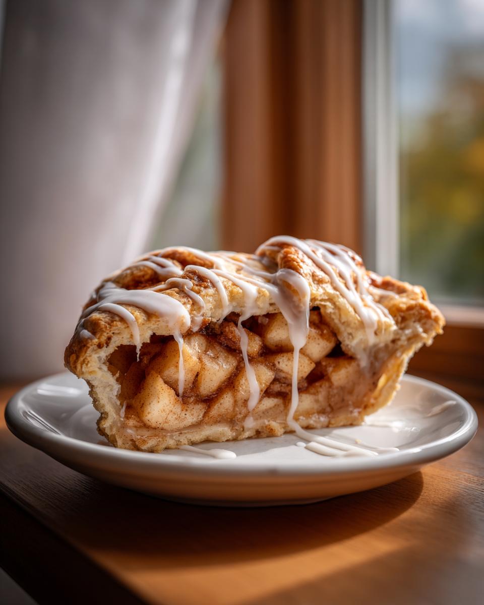 A close-up view of a slice of cinnamon roll apple pie, filled with spiced apples and drizzled with white icing.