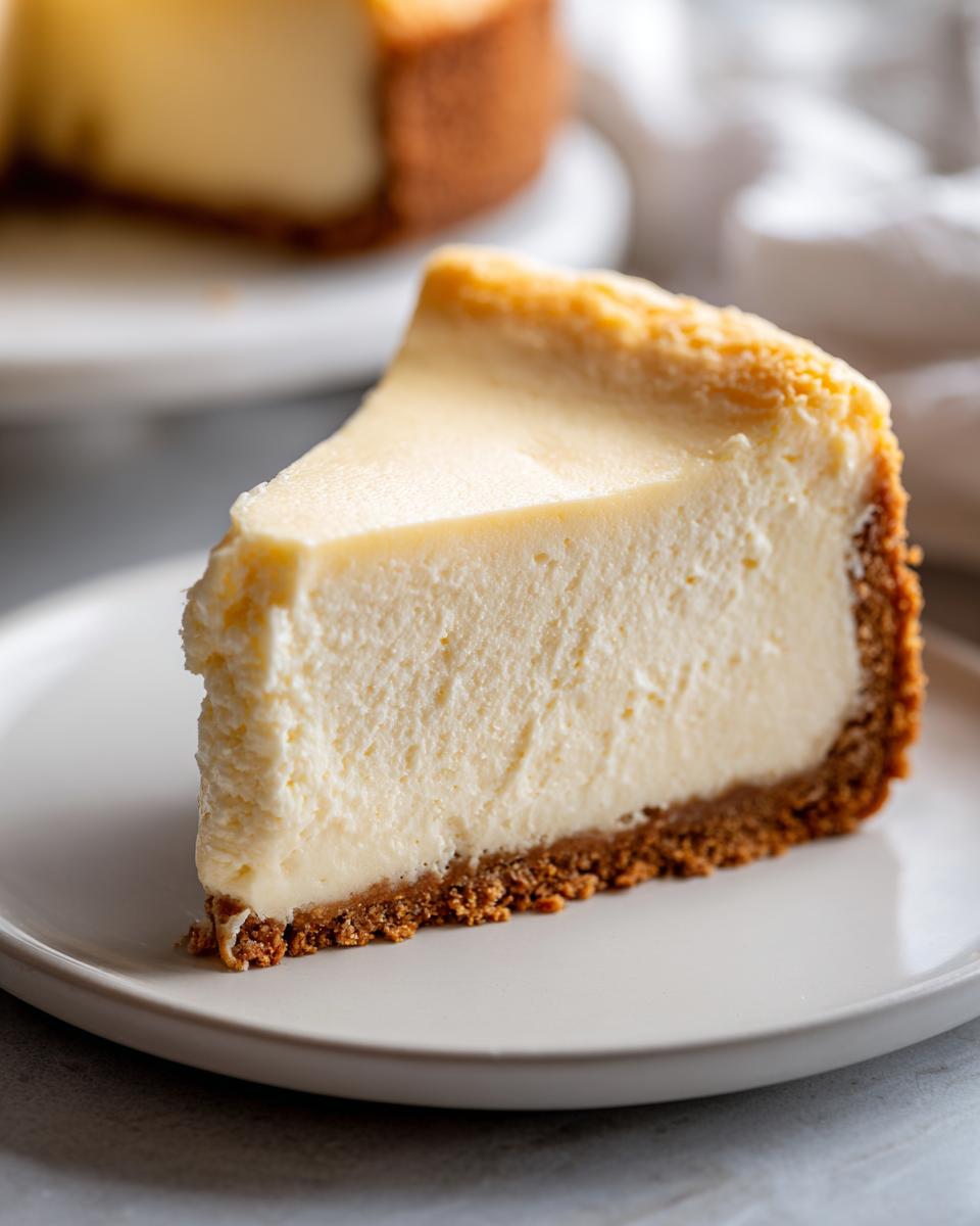 A close-up of a creamy slice of classic cheesecake recipe on a white plate.