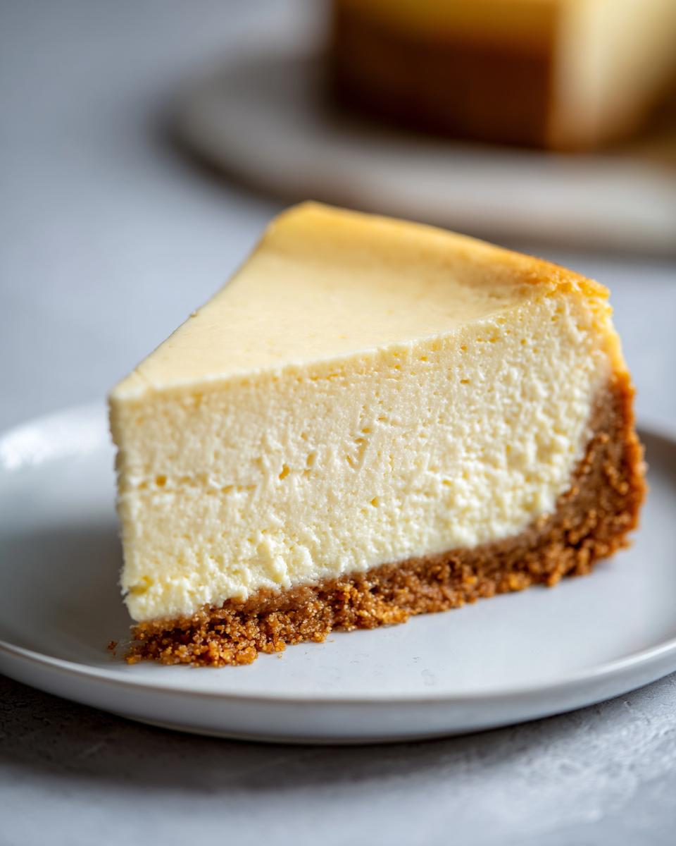 A close-up of a perfectly baked slice of classic cheesecake recipe with a thick graham cracker crust.