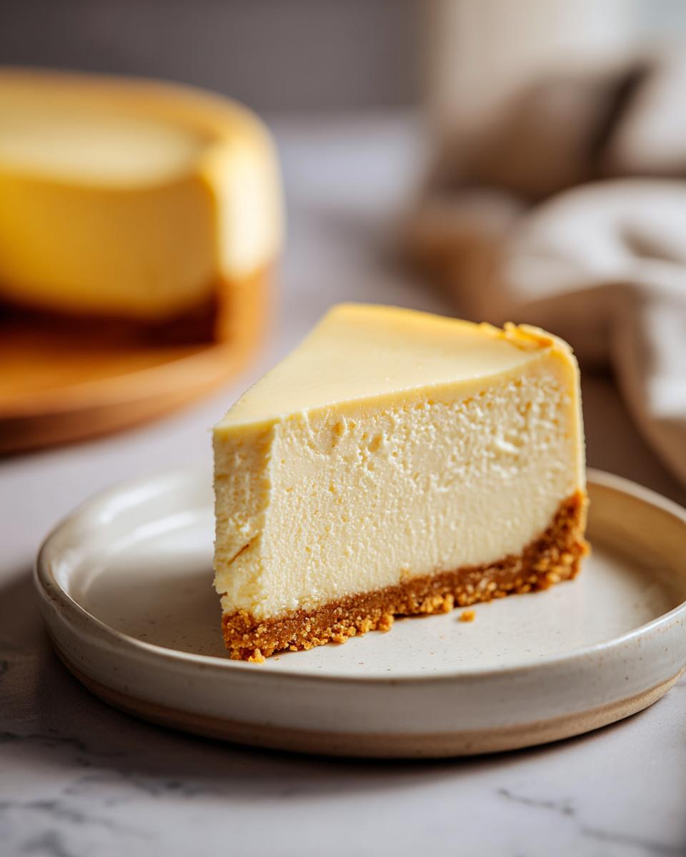 A close-up shot of a perfect slice of creamy cheesecake recipe on a small ceramic plate.