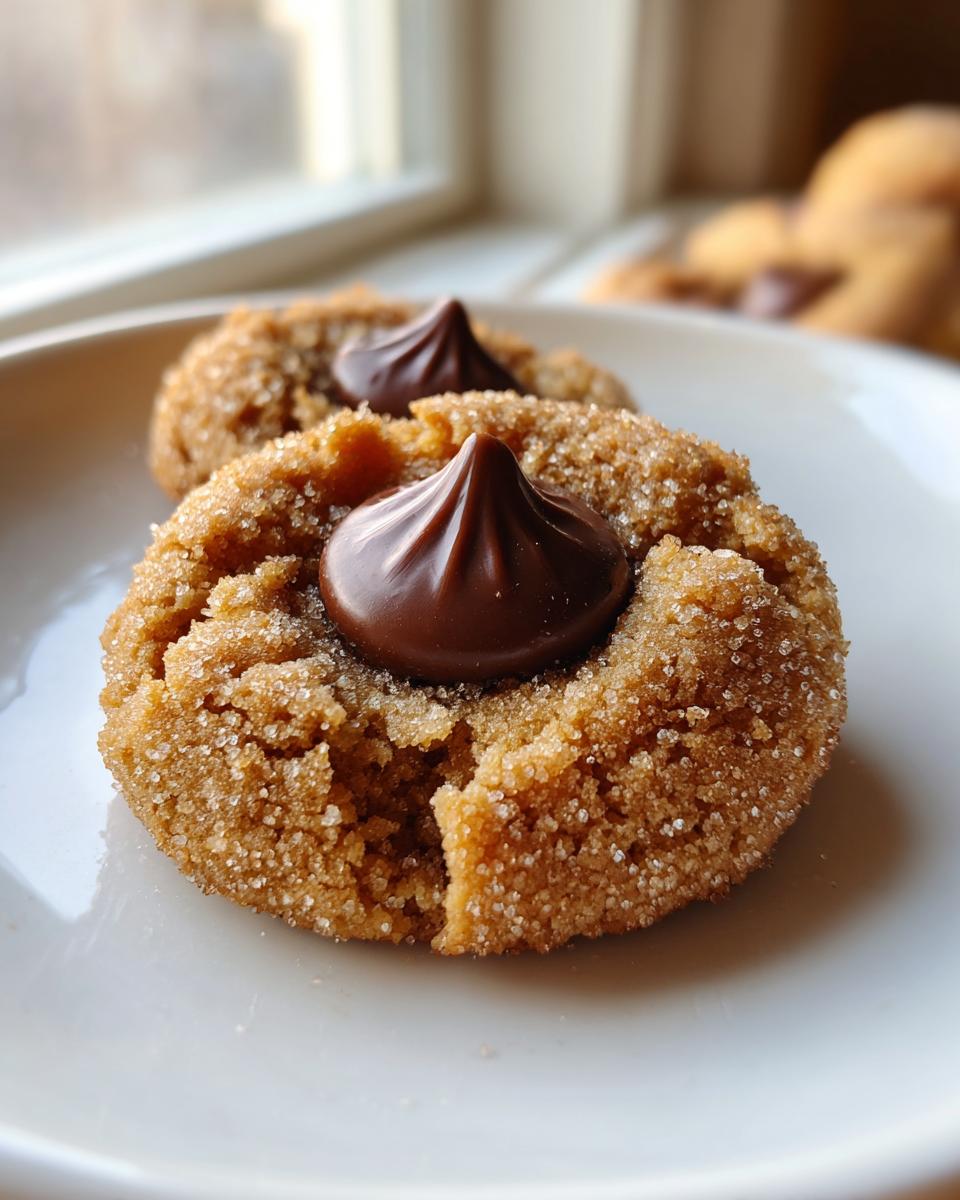 A close-up of a sugar-coated peanut butter kiss cookie with a chocolate candy pressed into the center.