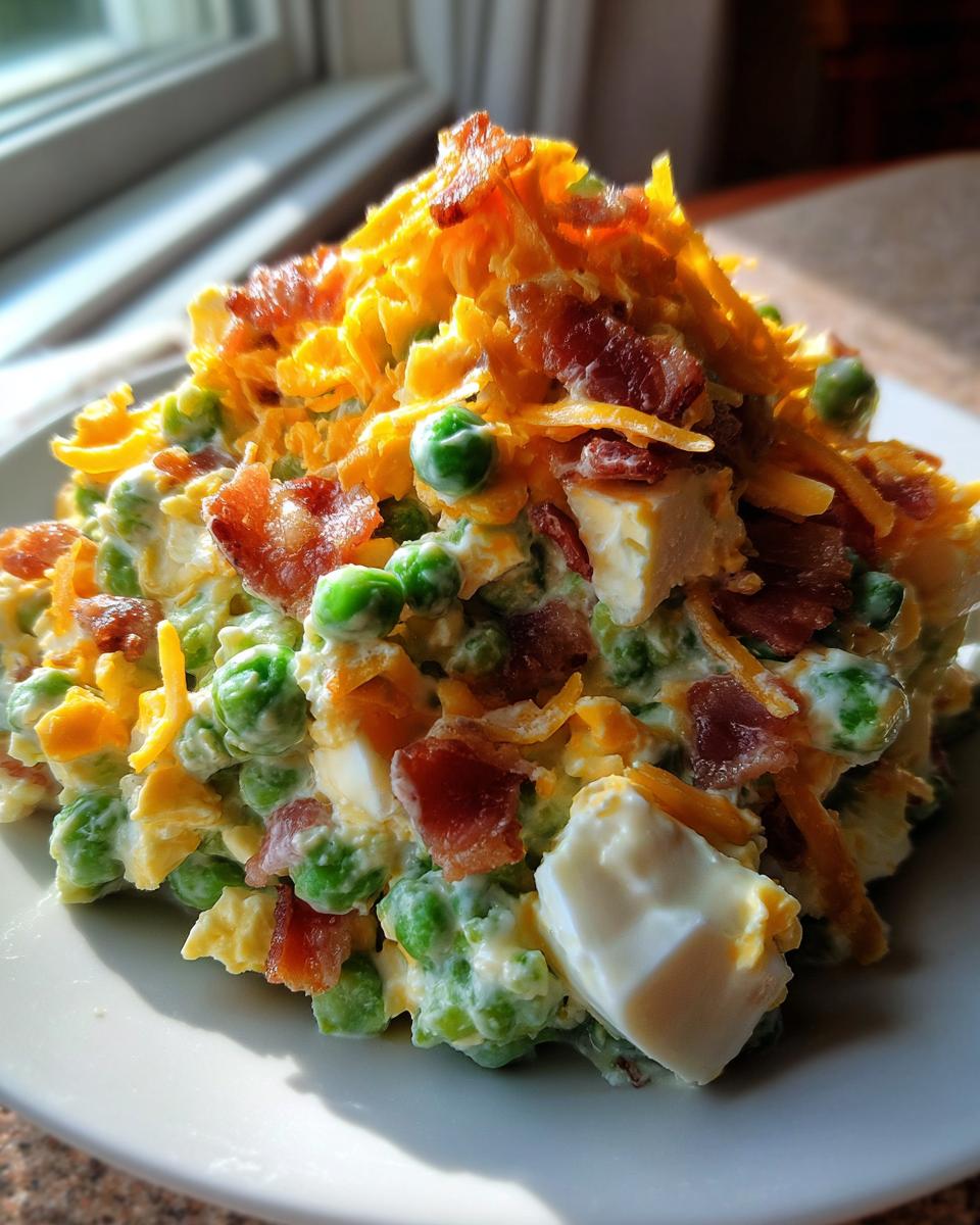 A close-up of a mound of creamy pea salad topped generously with shredded cheddar cheese, crispy bacon bits, and chunks of hard-boiled egg.
