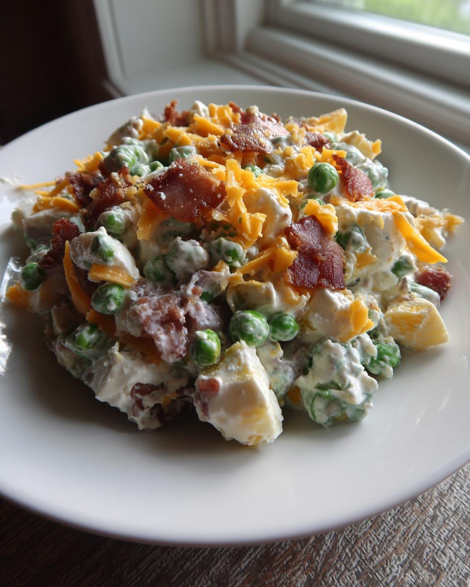 A creamy portion of classic pea salad topped with shredded cheddar cheese and crispy bacon bits, served on a white plate.