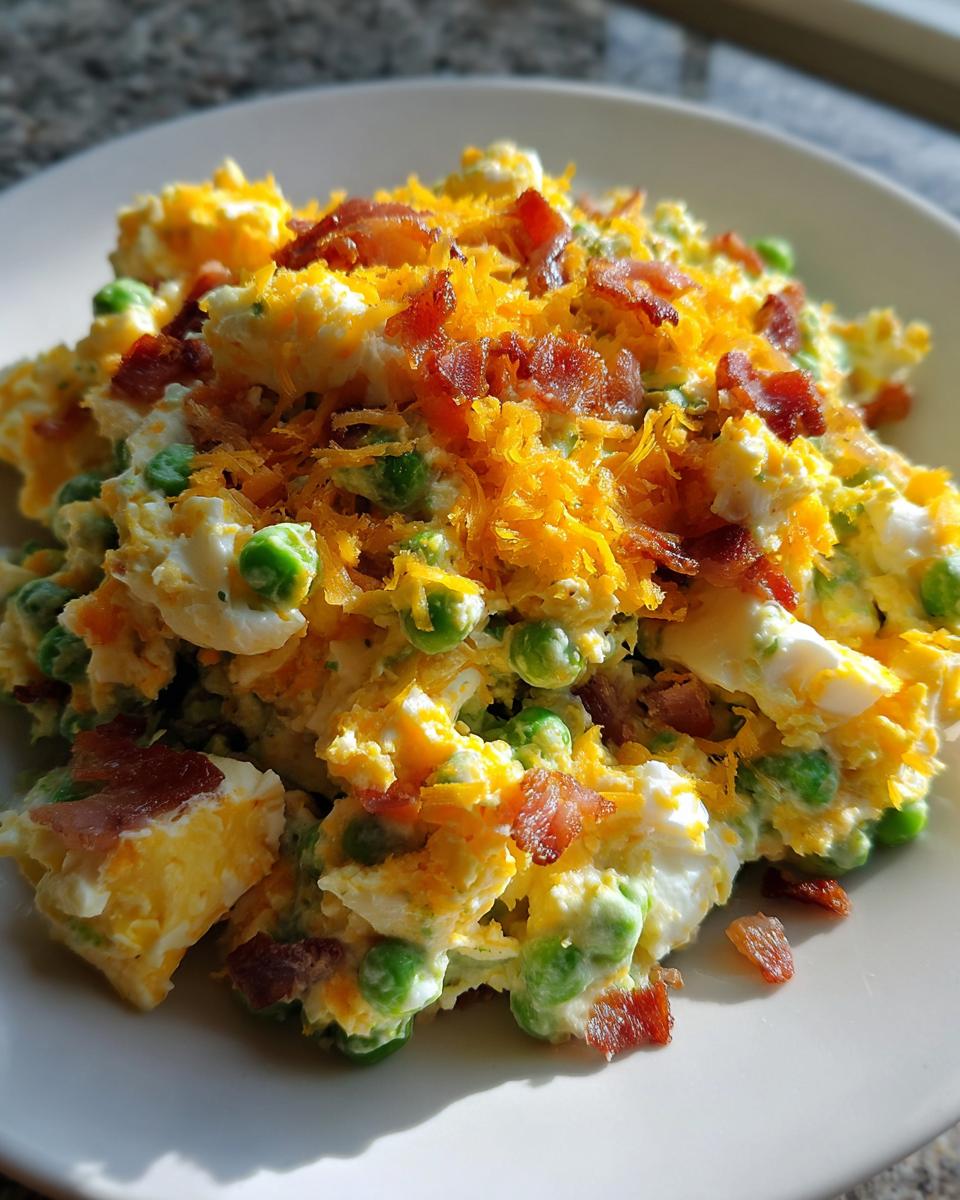 A close-up serving of creamy pea salad mixed with chopped eggs, topped generously with shredded cheddar cheese and crispy bacon bits.