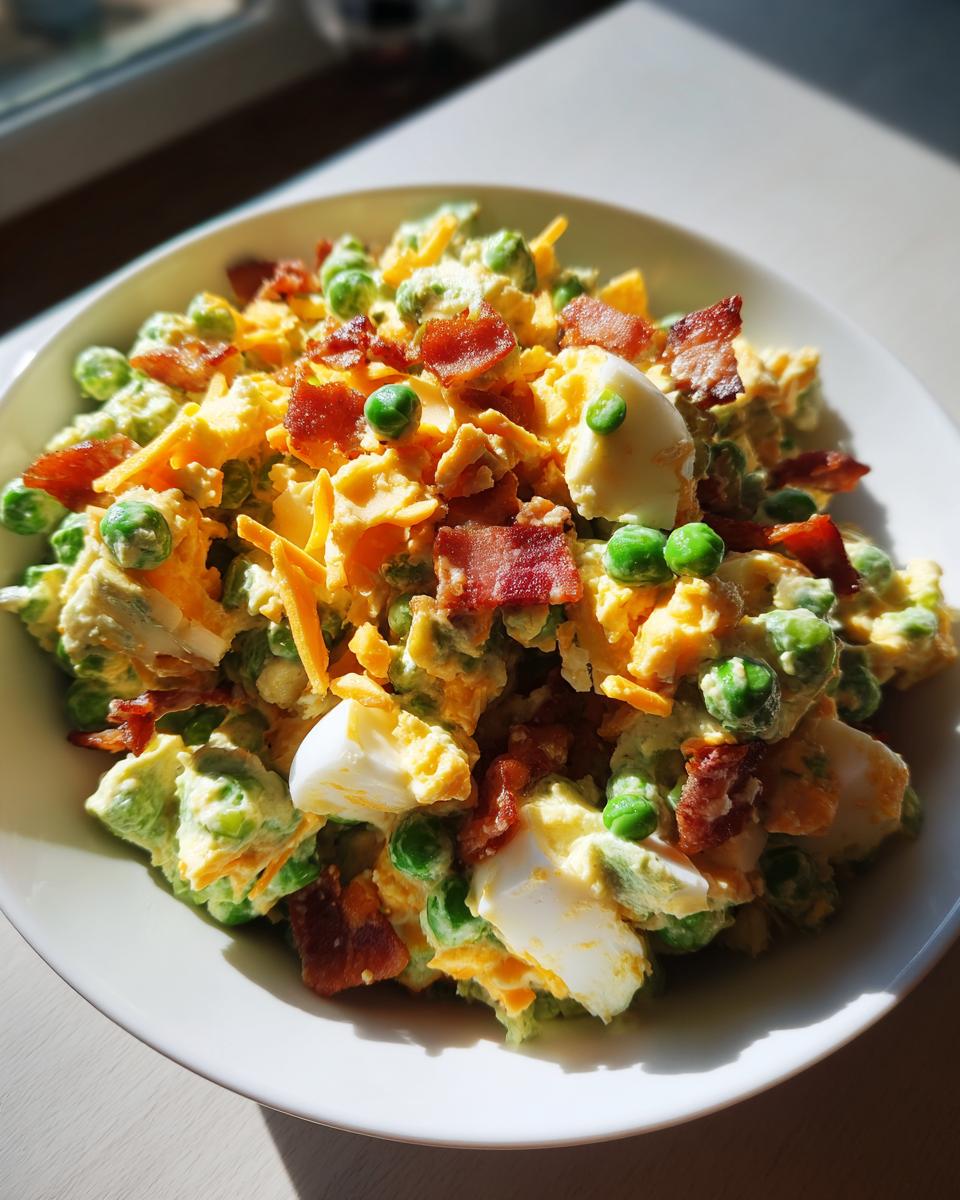 A bowl filled with creamy Classic Pea Salad featuring green peas, shredded cheddar cheese, chopped hard-boiled eggs, and crispy bacon bits.