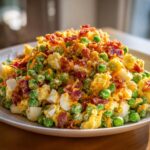 A mound of creamy pea salad mixed with chopped hard-boiled eggs, shredded cheese, and topped with crispy bacon bits.