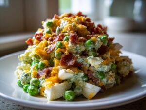 A generous serving of creamy pea salad topped with crumbled bacon, shredded cheddar cheese, and visible chunks of hard-boiled egg.