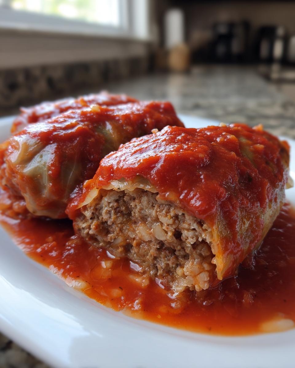 A cross-section view of homemade cabbage rolls showing the ground meat and rice filling, covered in rich tomato sauce.