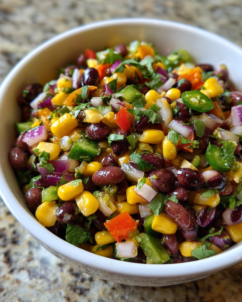 Close-up of a white bowl filled with colorful cowboy caviar featuring black beans, corn, red onion, and peppers.