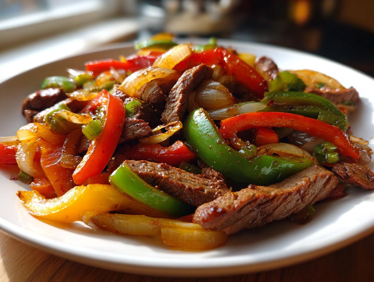 Close-up of vibrant steak fajitas featuring sliced seared beef mixed with colorful bell peppers (red, green, yellow) and onions.