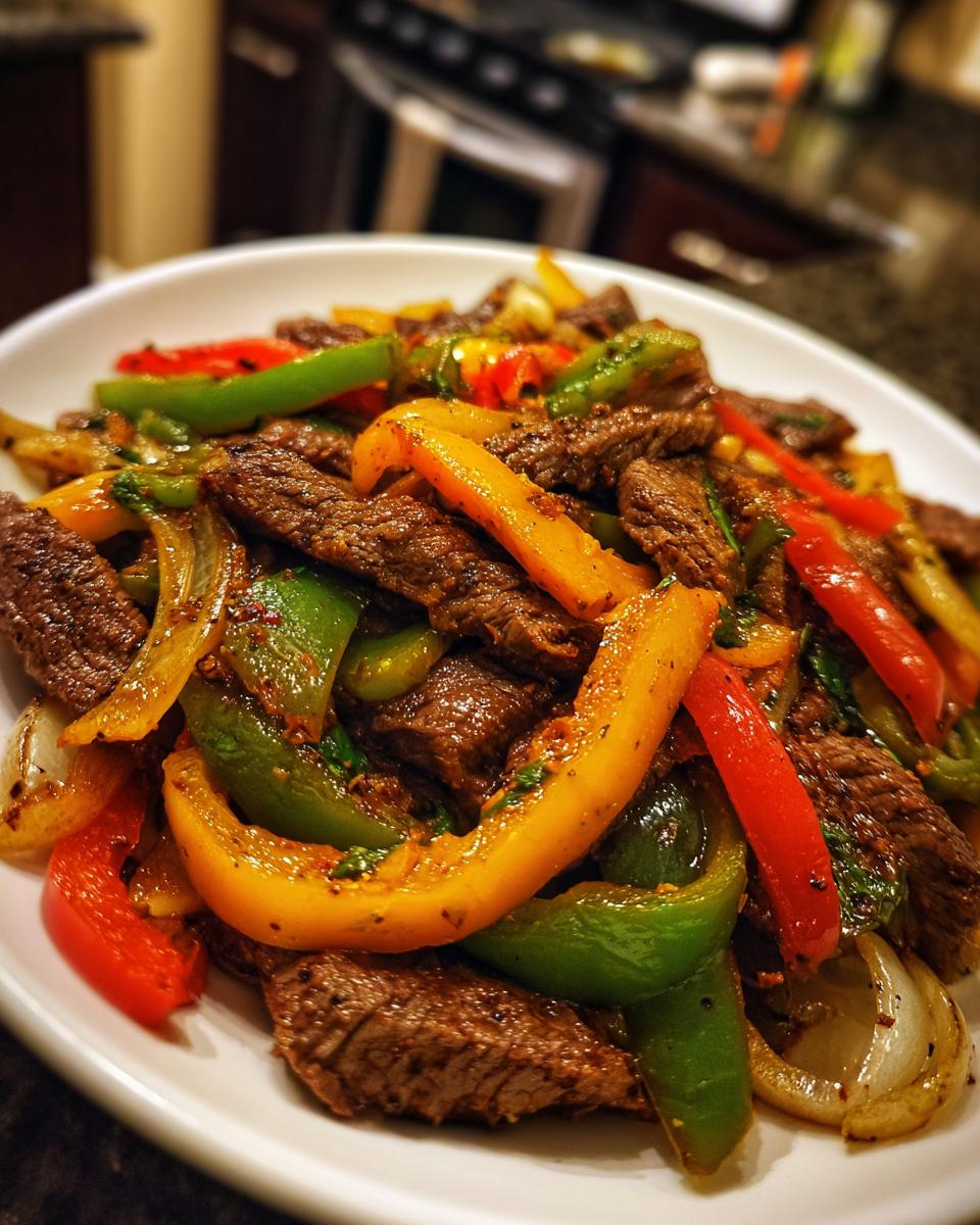 A close-up shot of perfectly cooked steak fajitas featuring strips of seasoned beef mixed with vibrant red, green, and yellow bell peppers and onions.