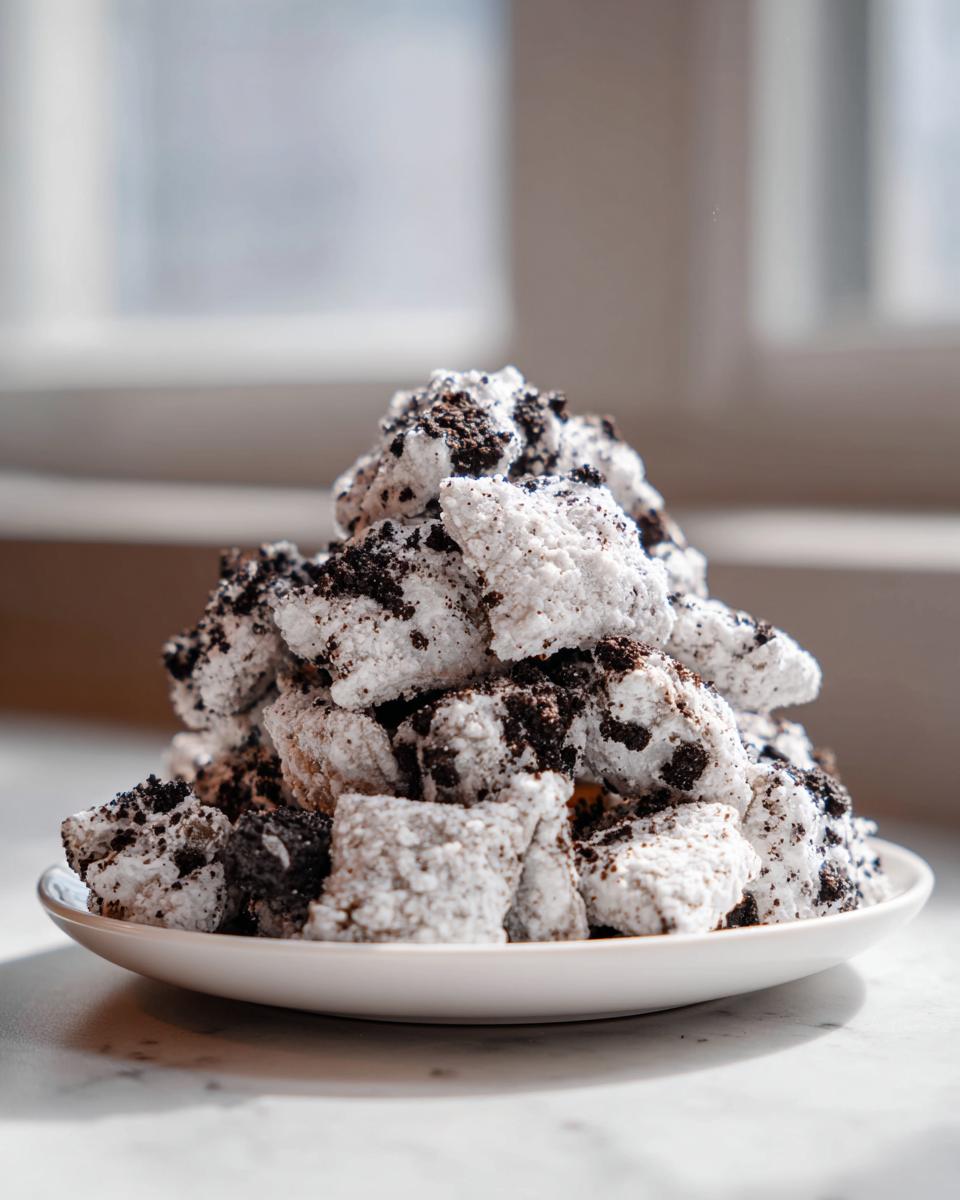 A mound of white powdered cookies and cream puppy chow mixed with dark chocolate cookie crumbs served on a small white plate.