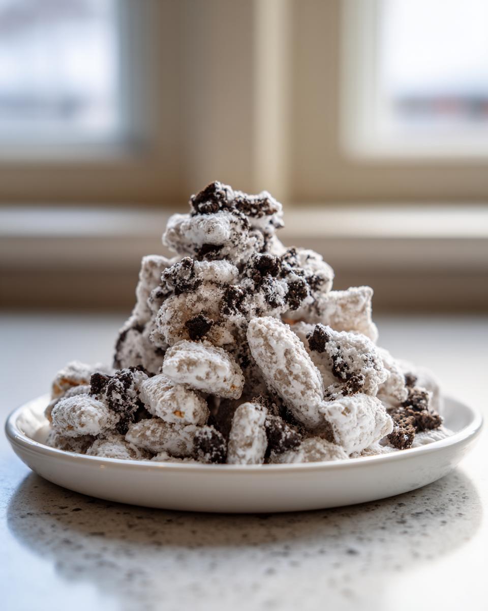 A mound of cookies and cream puppy chow coated in powdered sugar and dark cookie crumbs on a small white plate.