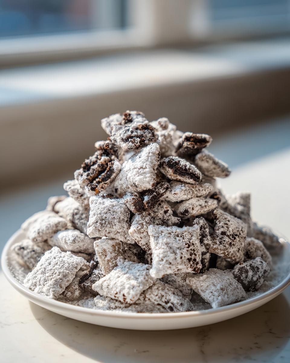 A tall mound of cookies and cream puppy chow generously coated in white powdered sugar, sitting on a white plate.