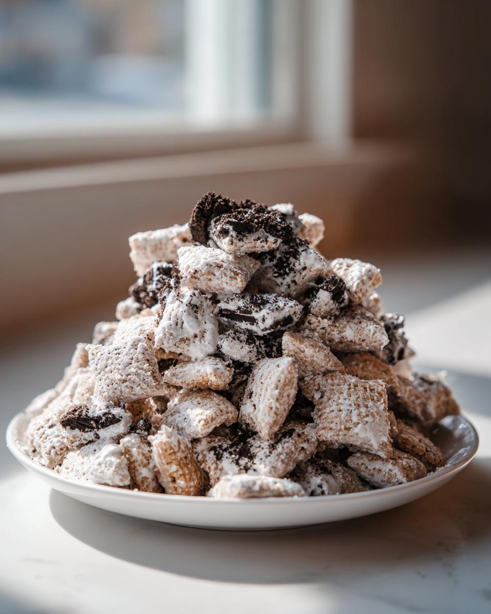 A tall mound of cookies and cream puppy chow coated in powdered sugar and chocolate cookie pieces on a white plate.