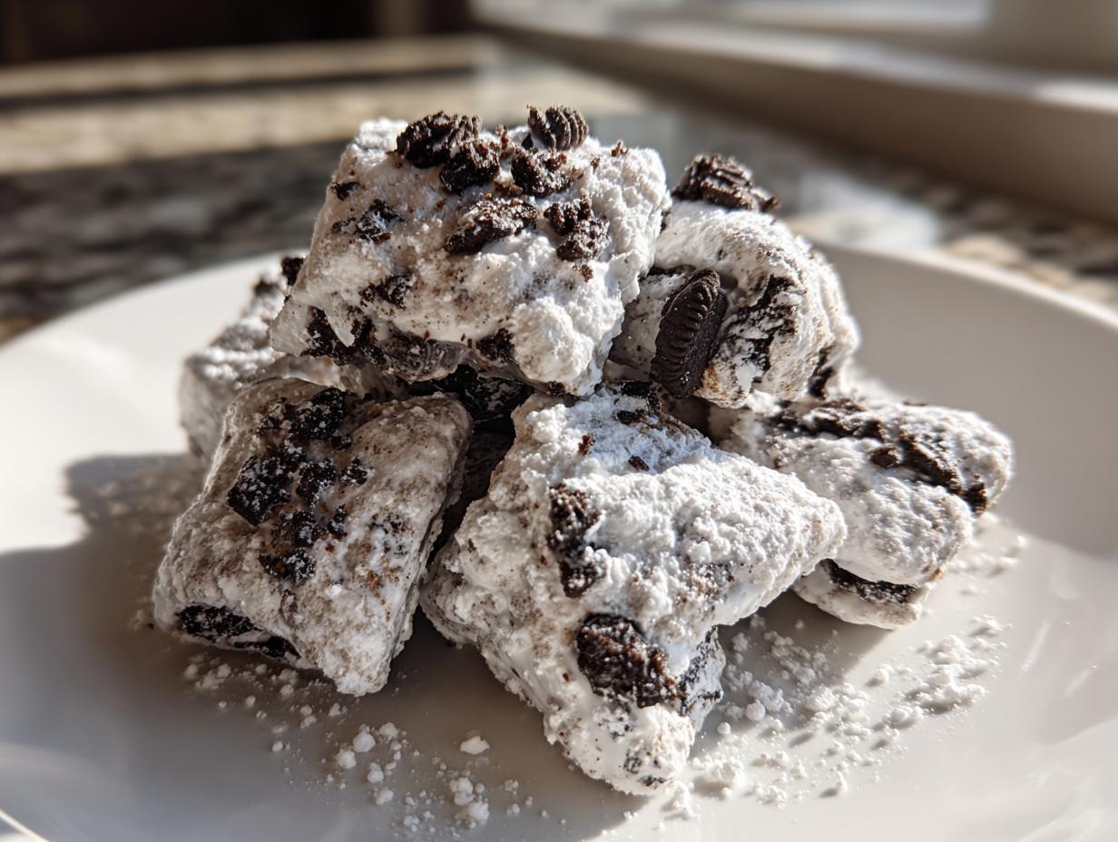 Close-up of a pile of homemade cookies and cream puppy chow coated heavily in powdered sugar.