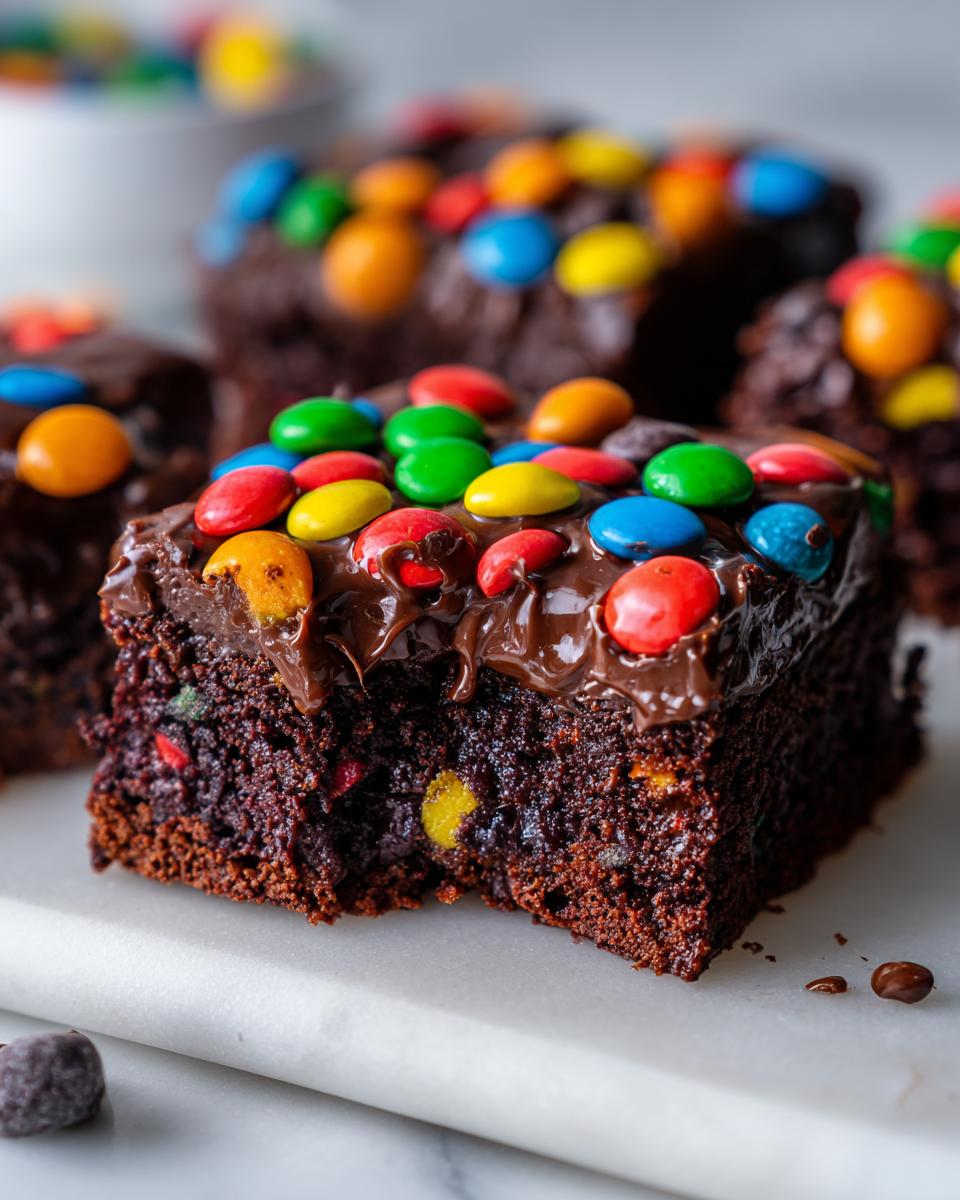 A close-up of a fudgy square of cosmic brownies topped with melted chocolate frosting and colorful candy pieces.