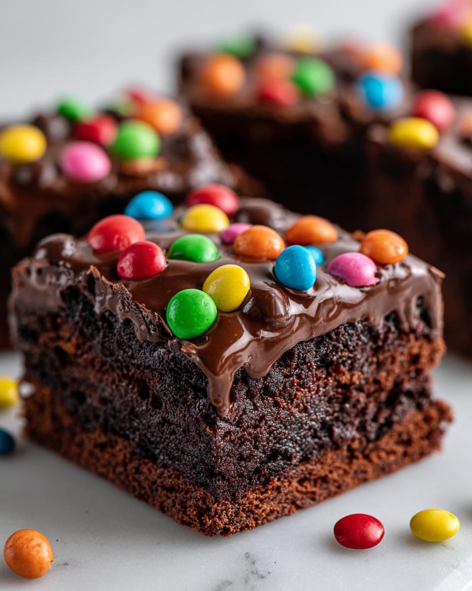 A close-up of a rich, fudgy square of cosmic brownies topped with chocolate ganache and colorful candy pieces.
