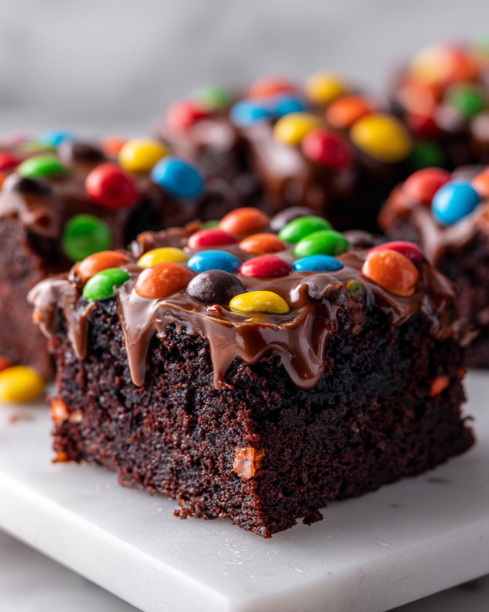 A close-up of a rich, fudgy square of cosmic brownies topped with chocolate glaze and colorful candy-coated chocolates.