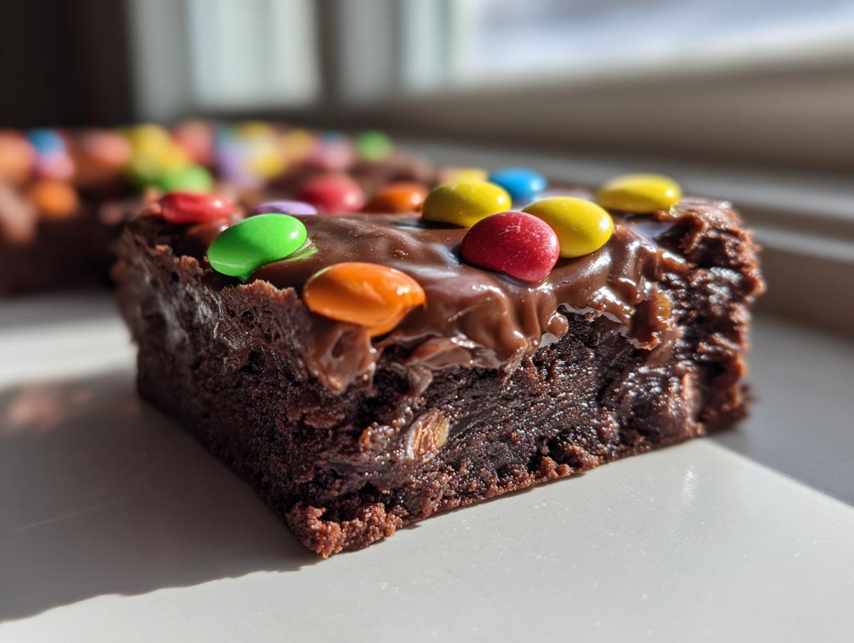 A close-up, sunlit shot of a fudgy square of cosmic brownies topped with thick chocolate frosting and colorful candy pieces.