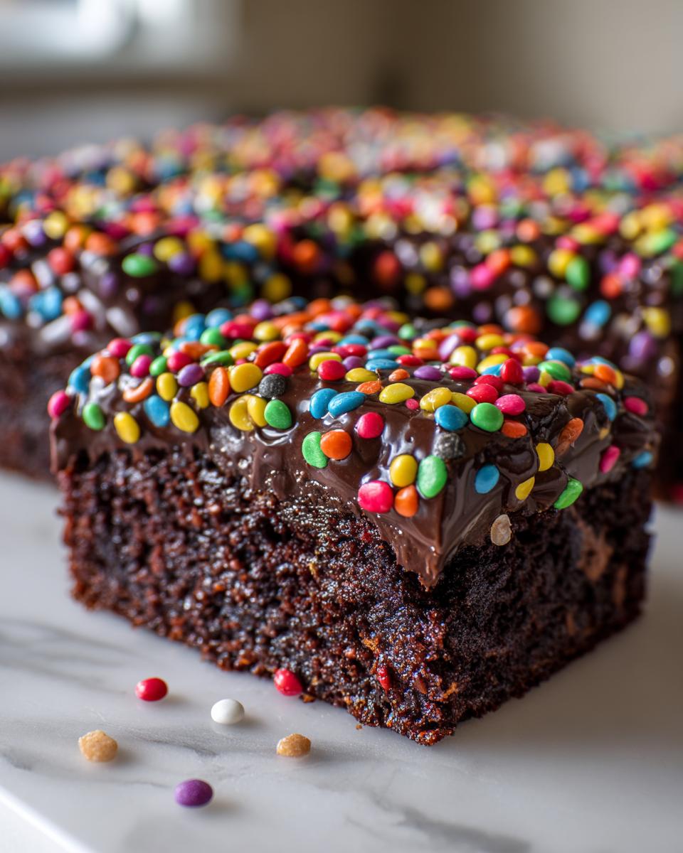A close-up of a rich, fudgy slice of homemade cosmic brownies topped with thick chocolate frosting and colorful candy-coated sprinkles.