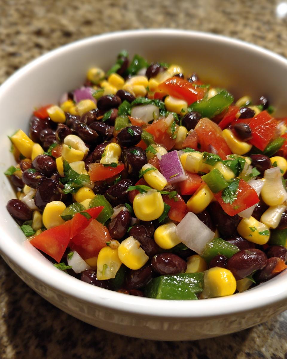 Close-up of fresh cowboy caviar featuring black beans, corn, tomatoes, peppers, and red onion in a white bowl.