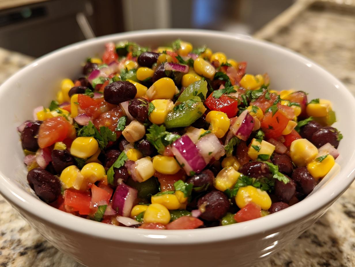 Close-up of colorful cowboy caviar featuring black beans, corn, tomatoes, and red onion in a white bowl.