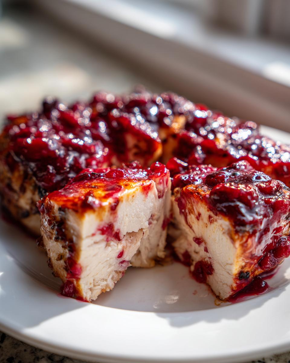 Close-up of sliced cranberry chicken breasts topped with a thick, glossy cranberry glaze.