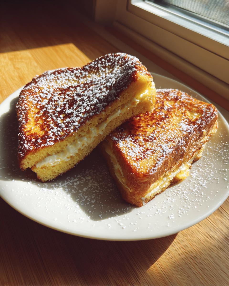 Two halves of golden brown cream cheese stuffed french toast dusted heavily with powdered sugar.
