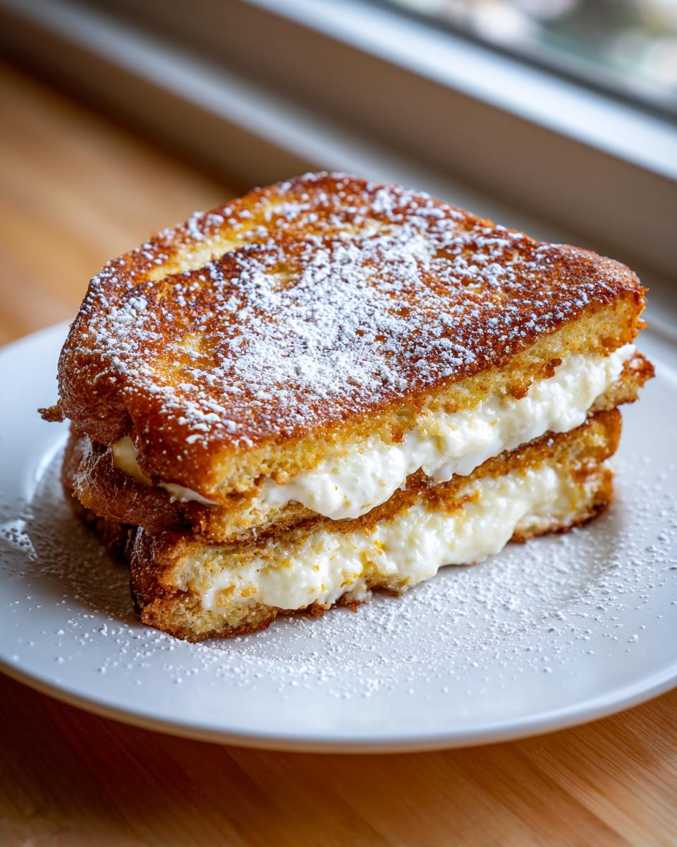 Two slices of golden brown cream cheese stuffed french toast stacked and dusted with powdered sugar.