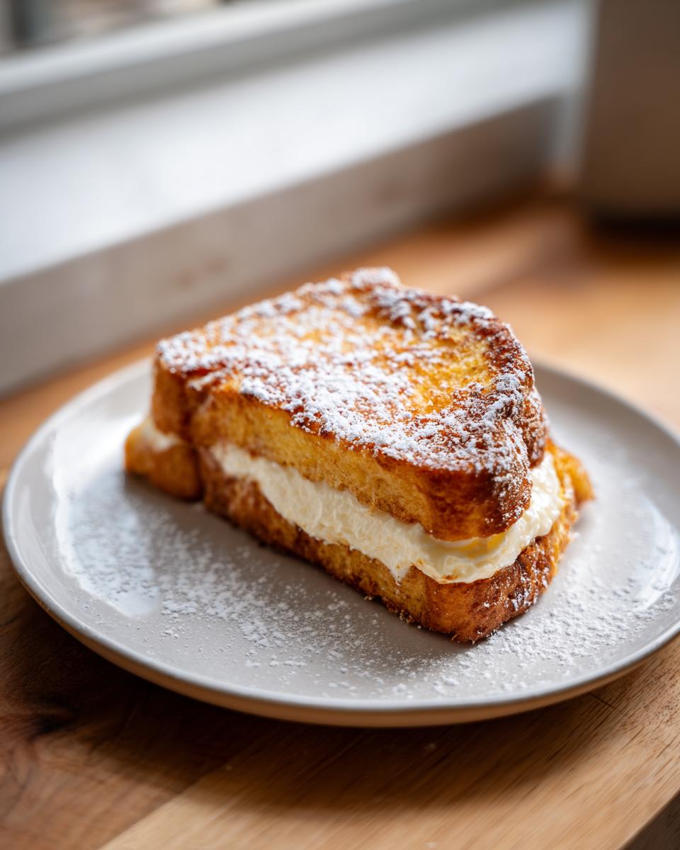 A thick slice of golden brown cream cheese stuffed french toast dusted with powdered sugar.