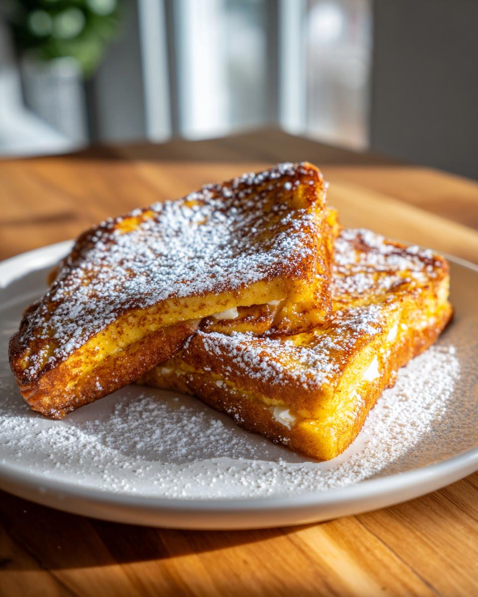 Two slices of golden brown cream cheese stuffed french toast dusted heavily with powdered sugar.