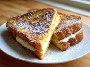 Two halves of golden brown cream cheese stuffed french toast dusted with powdered sugar.