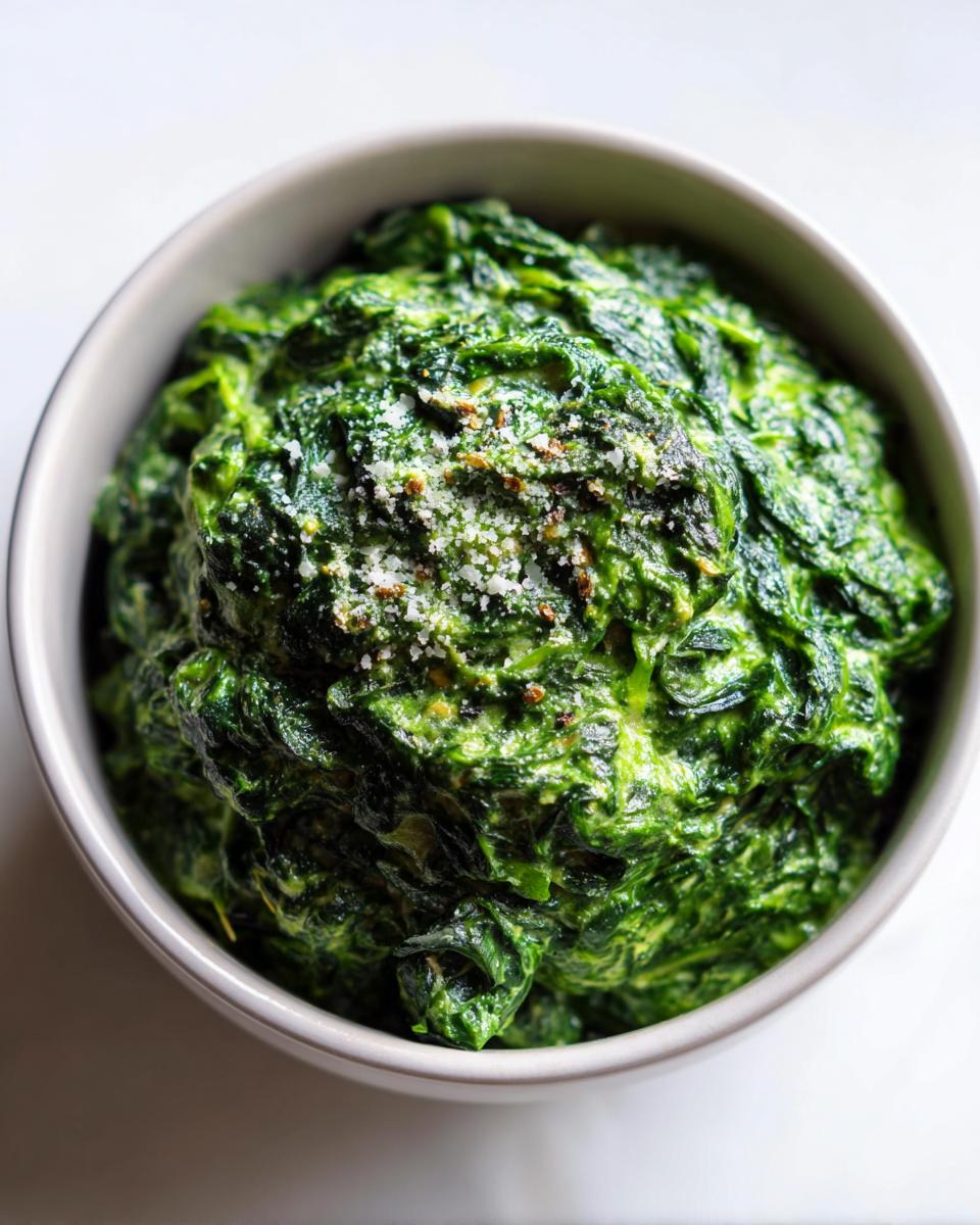 A close-up of rich, vibrant green creamed spinach recipe served in a light grey bowl, topped with grated cheese and pepper.