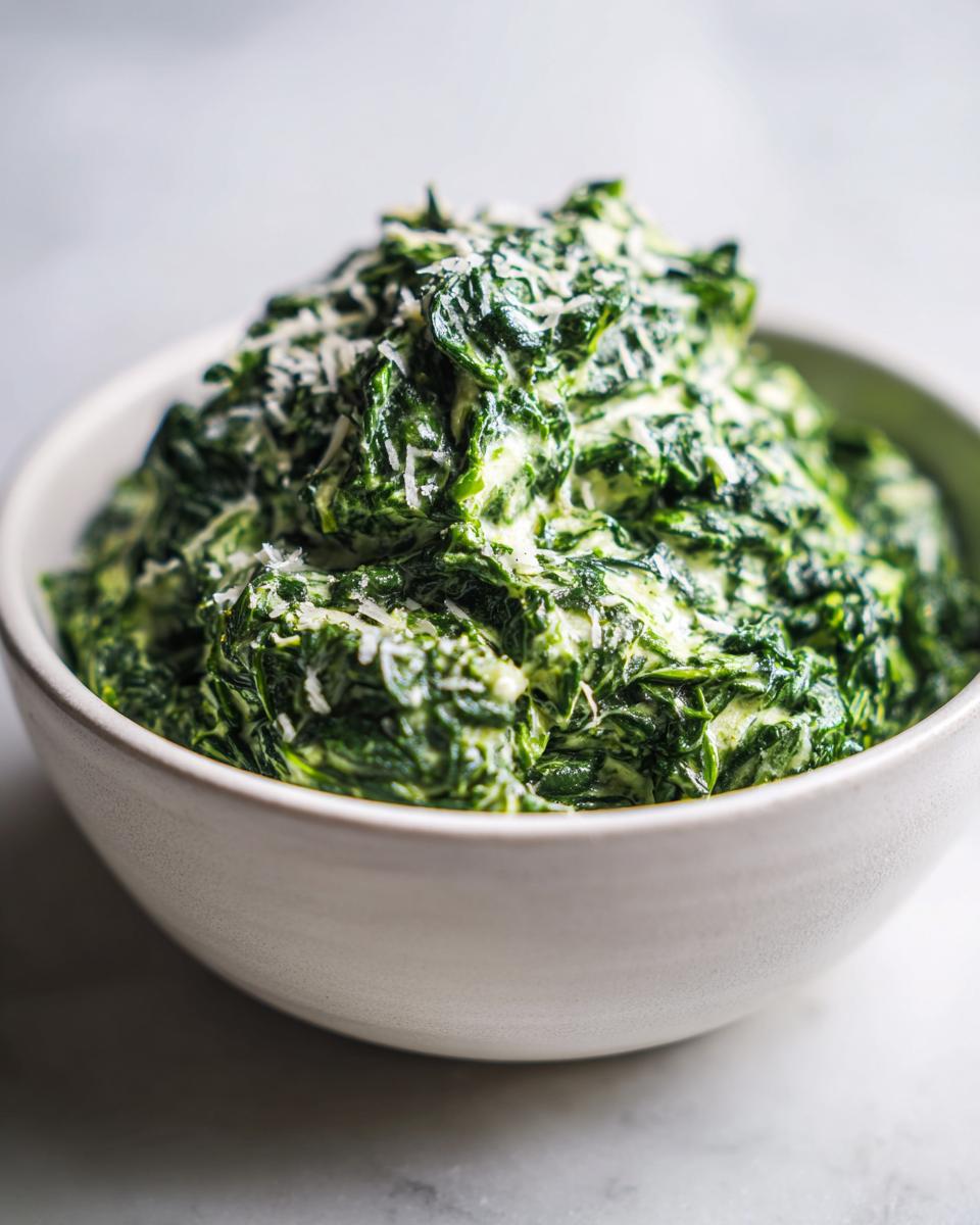 Close-up of a bowl filled with rich, green creamed spinach recipe, garnished with grated parmesan cheese.