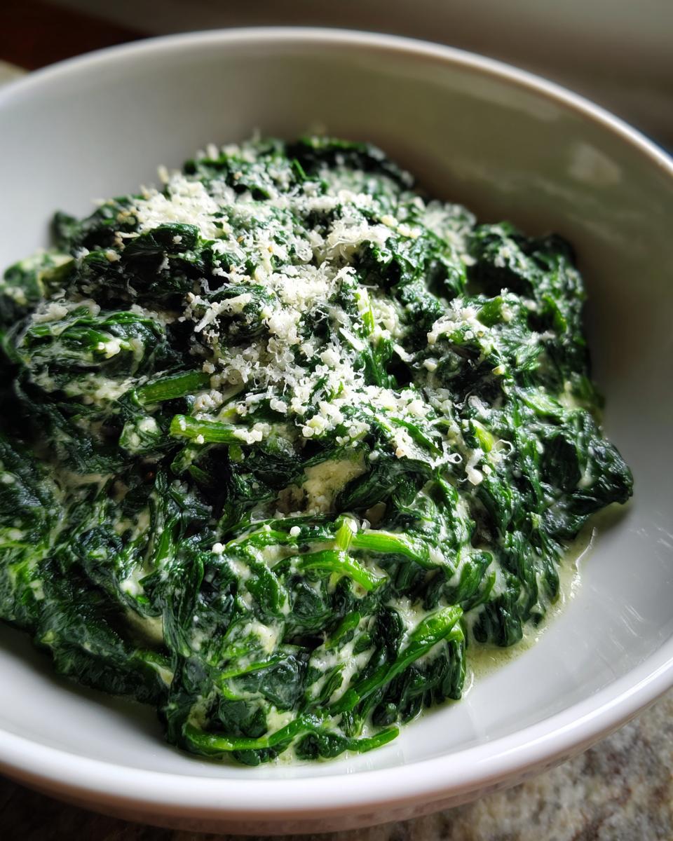 Close-up of creamy, vibrant green creamed spinach recipe topped with grated Parmesan cheese in a white bowl.