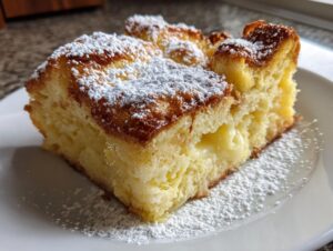 Close-up of a square slice of creamy, baked french toast dusted heavily with powdered sugar.