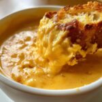 Close-up of toasted bread heavily coated in thick, creamy beer cheese dip being lifted from a white bowl.