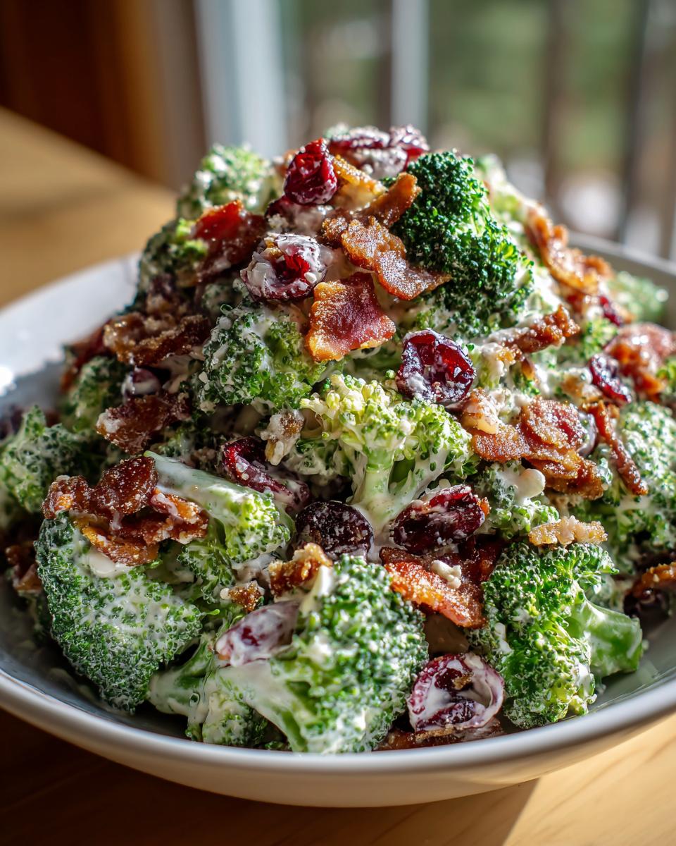 A large bowl of creamy broccoli salad topped with crispy bacon pieces and dried cranberries.